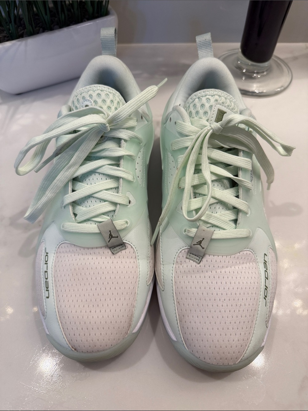 Jordan Women’s Mint Green and White Low-Top Sneakers